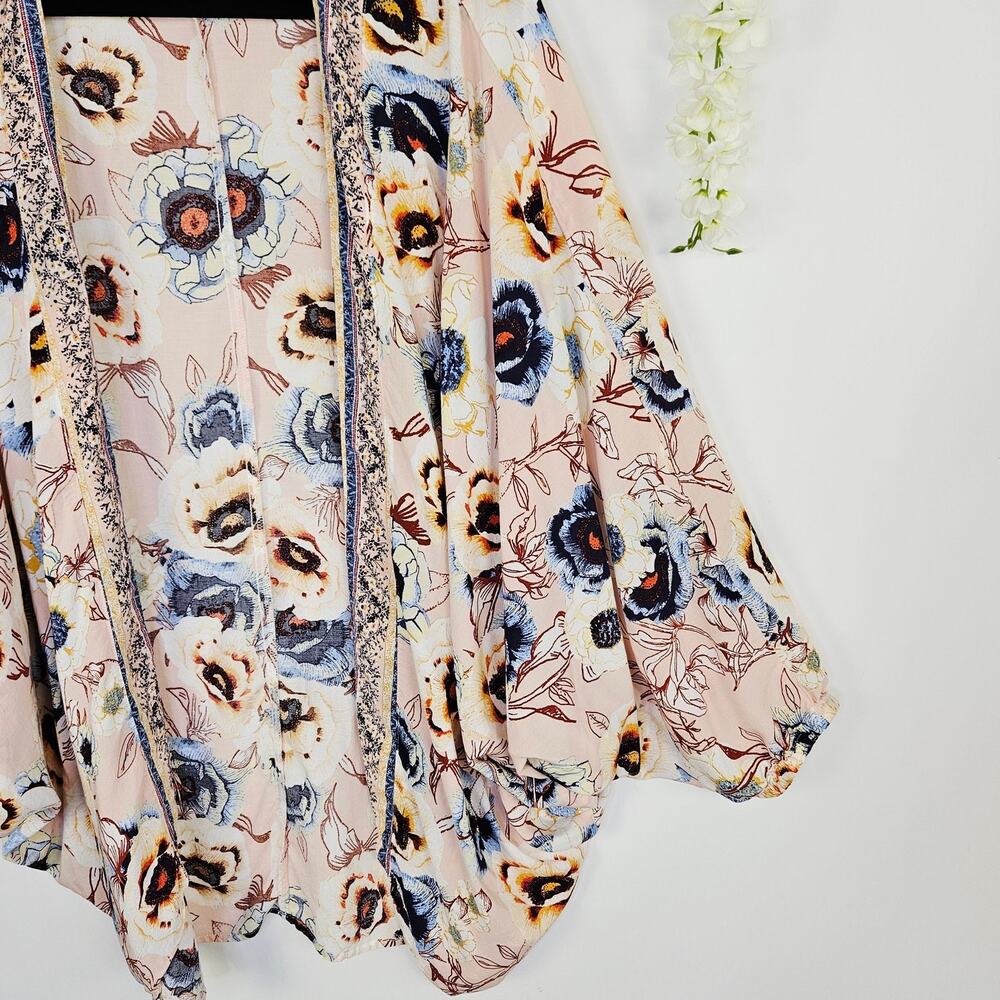Maurices Pink Floral Peasant Sleeve Kimono XL Large Boho Spring Cover Up Cottage - Picture 7 of 13